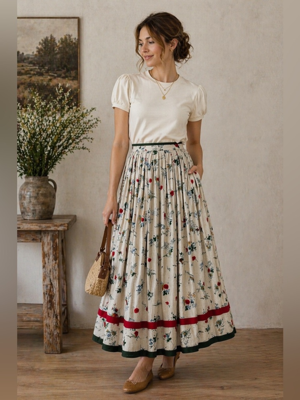 Vintage Austrian Maxi Skirt Floral Pleated Cottagecore Linen Blend
